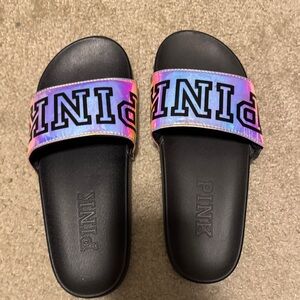 PINK Victoria's Secret Black Slides with Colorful Strap